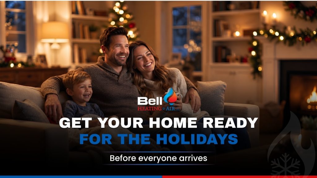 Family relaxing in a warm living room for the holidays